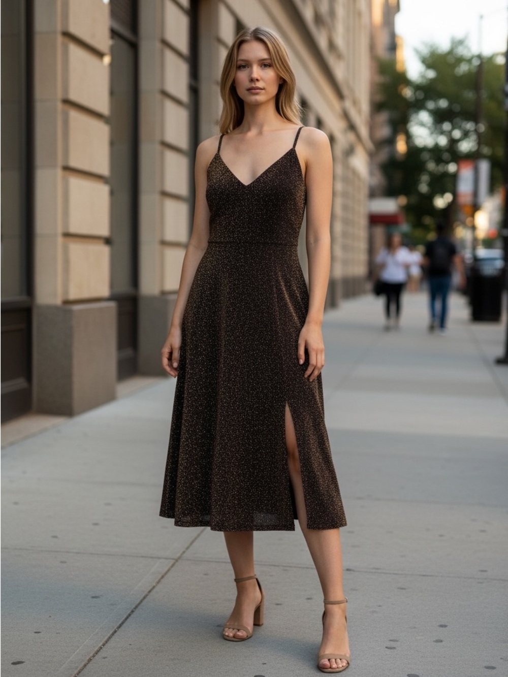 Sociallite Medium Sparkle Elegant  deep slit V-Neck Black Midi Dress